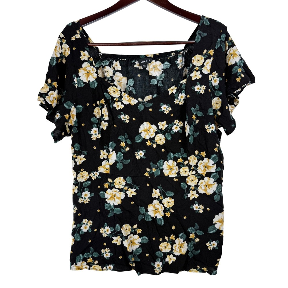 Torrid Floral Blouse Women 3 Black Yellow‎ Sweetheart Smocked Cottagecore Boho